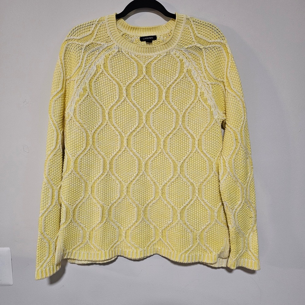 Lands End Sweater Women L Yellow White Honeycomb Chunky Cable Knit Cotton Preppy